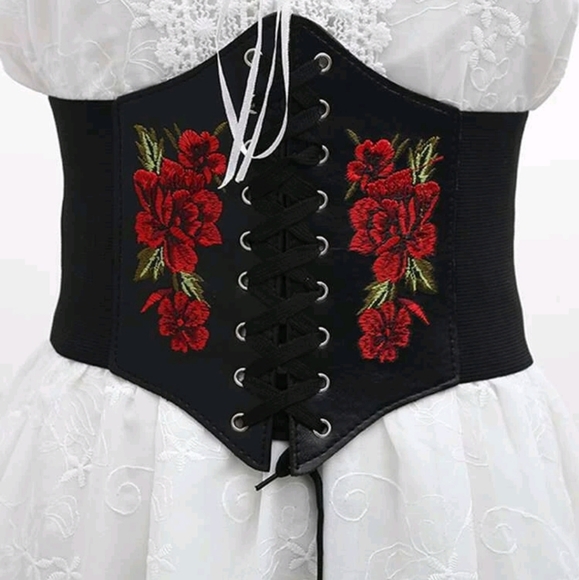 Black corset floral rose embroidered boho faux leather waist western dress belt - Picture 7 of 14